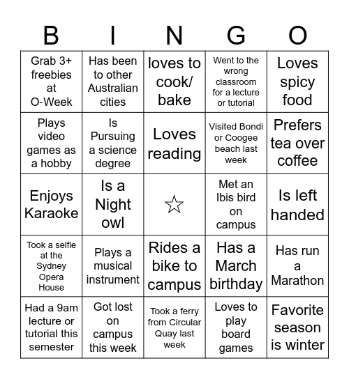Speed Friending Bingo Card