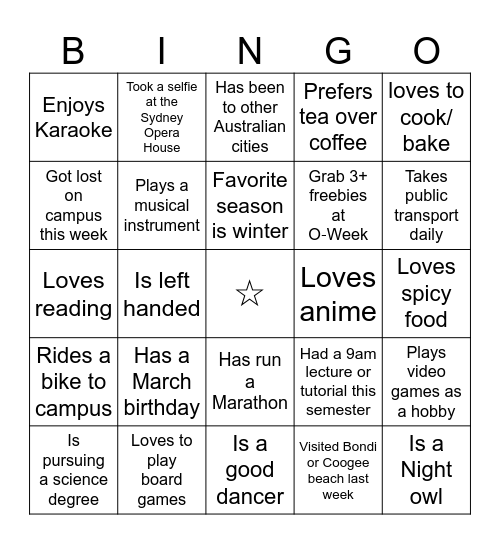 Speed Friending Bingo Card