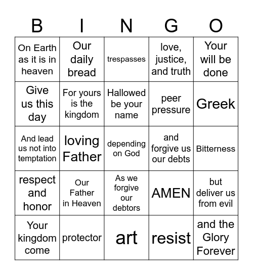 The Lord's Prayer BINGO Card