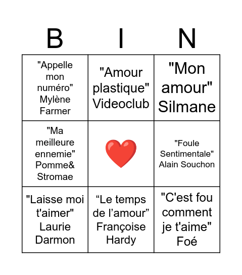 AMOUR Bingo Card