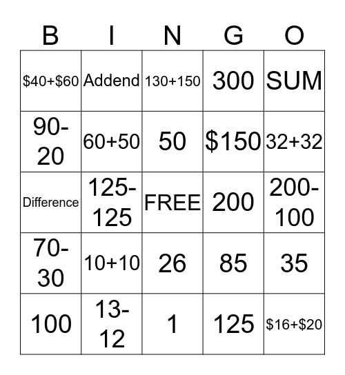 Adding and Subracting Bingo Card