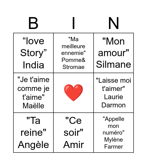 AMOUR Bingo Card