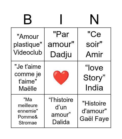 AMOUR Bingo Card