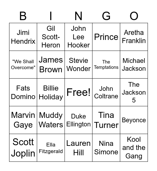 Black History Month Music Bingo Card