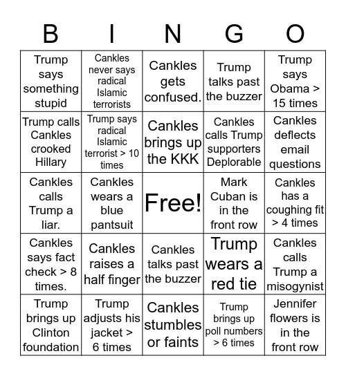 Debate bingo.  Bingo Card