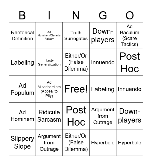 Fallacies and Slanters Bingo Card