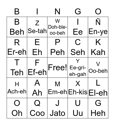 Spanish Alphabet Bingo Card