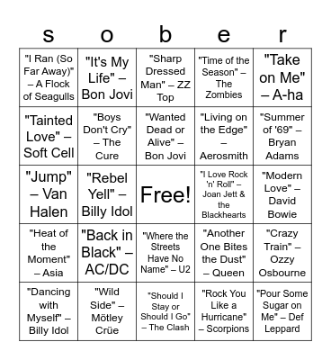 80's Rock Bingo Card