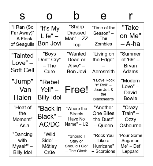 80's Rock Bingo Card