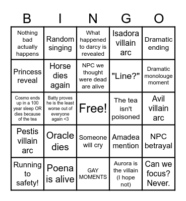 Aurora Finale Bingo Card