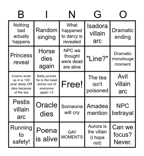 Aurora Finale Bingo Card