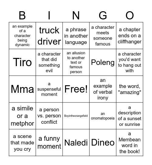 Literature Bingo Card