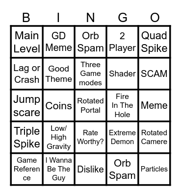 Geometry Dash PLATFORMER Bingo Card