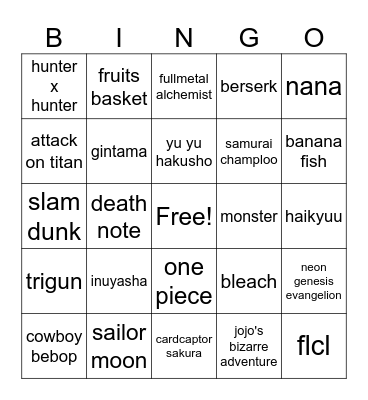 animes i love with all my heart Bingo Card