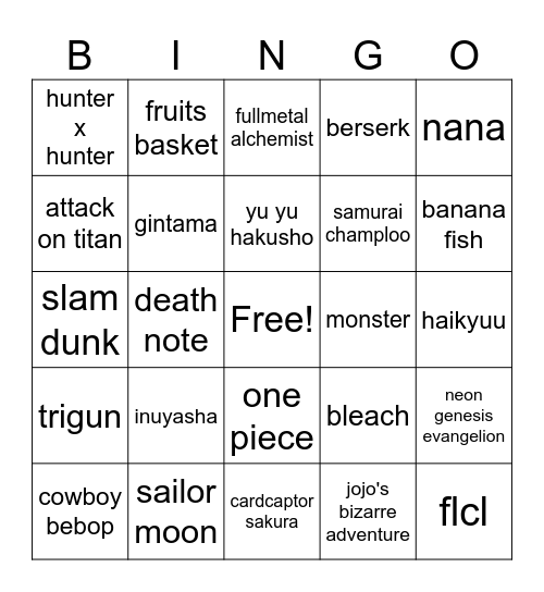 animes i love with all my heart Bingo Card