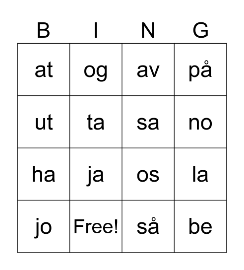 Ordbingo Card