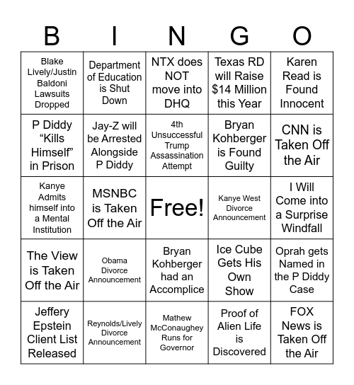 Lisa's 2025 Predictions Bingo Card