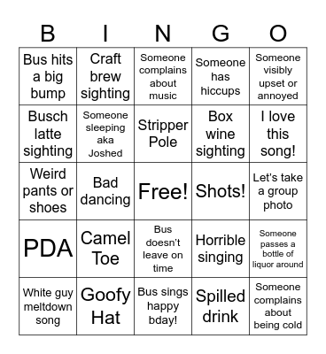 Party Bus Bingo Card