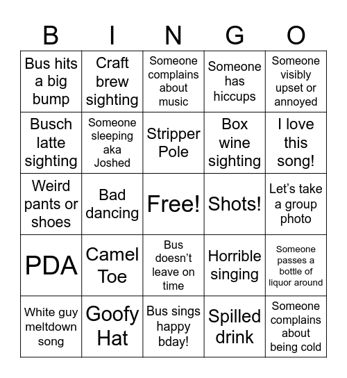 Party Bus Bingo Card