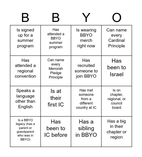 BBYO Bingo Card