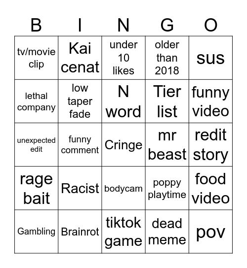 youtube shorts bingo Card