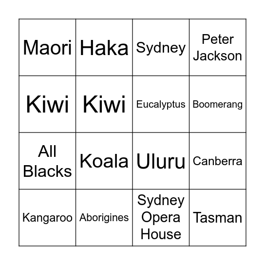 AUS / NZ Bingo Card