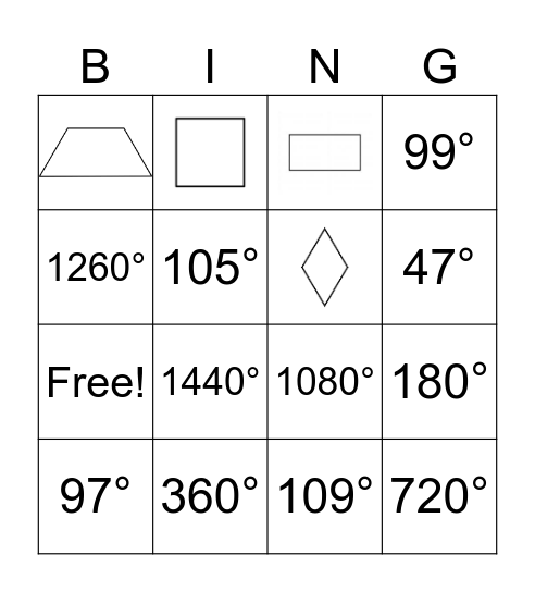 Angle and Polygon Bingo Card