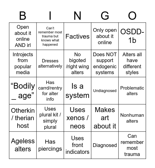DID “faker” bingo (most of these apply to me) Bingo Card