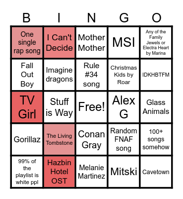 Fandom playlist bingo Card