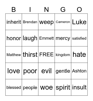 Beatitue Bingo Card