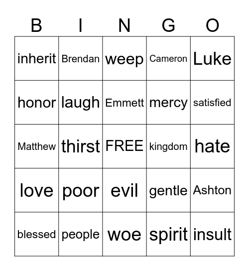 Beatitue Bingo Card