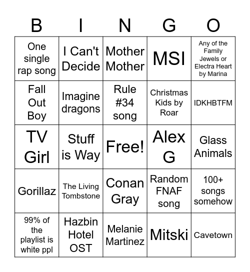 Fandom playlist bingo Card