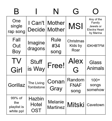 Fandom playlist bingo Card
