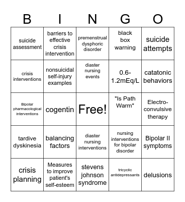 Depressive & Bipolar Disorder Bingo Card