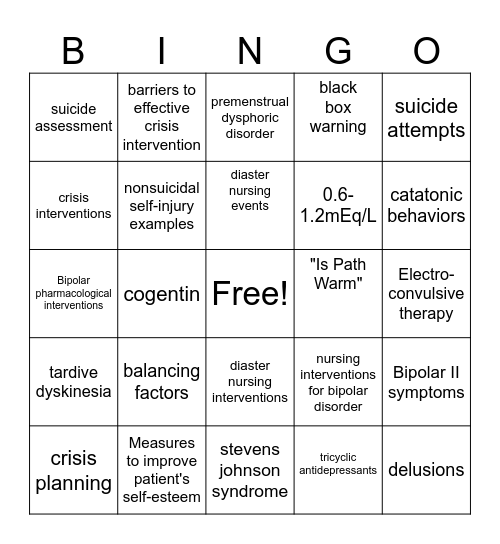 Depressive & Bipolar Disorder Bingo Card