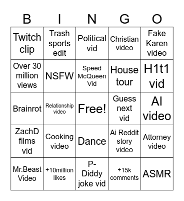 YT shorts bingo Card