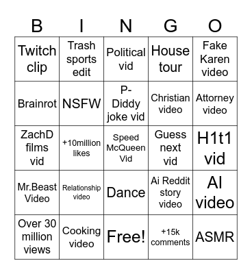 YT shorts bingo Card
