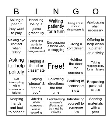Social Skills Bingo Card