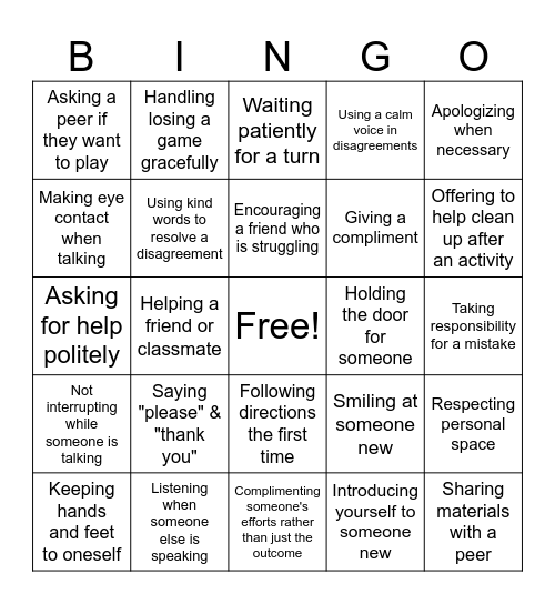 Social Skills Bingo Card