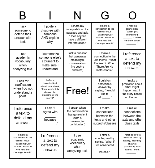 Socratic Seminar Bingo Card