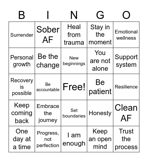 Recovery Bingo Card