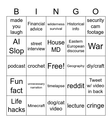 Youtube Shorts Bingo Card