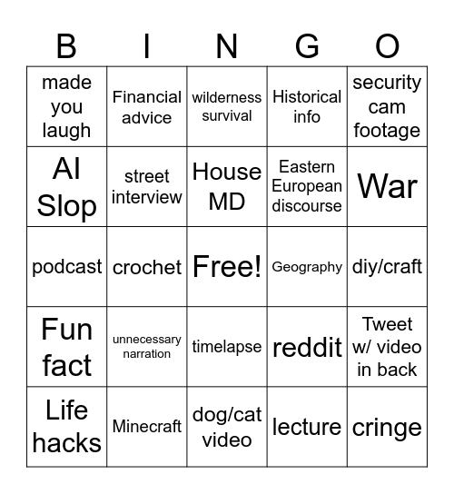 Youtube Shorts Bingo Card