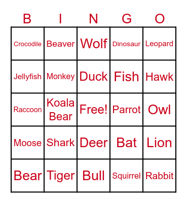 Animal Bingo Card