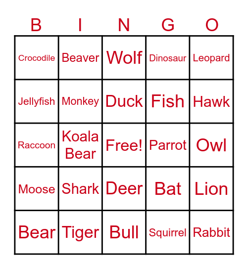 Animal Bingo Card