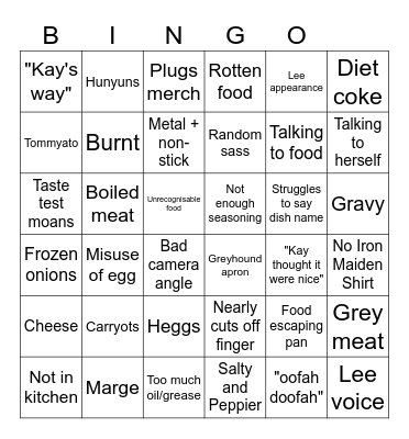 Kay's Cooking Bingo Card