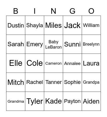 Family Night Bingo Card