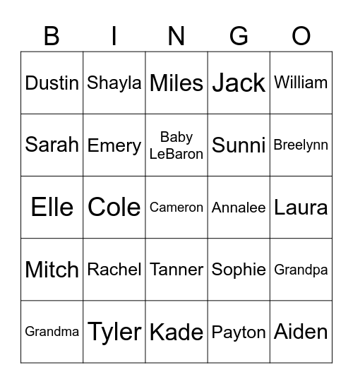 Family Night Bingo Card