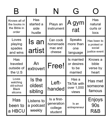 DLC Young Adult Connection Bingo Card
