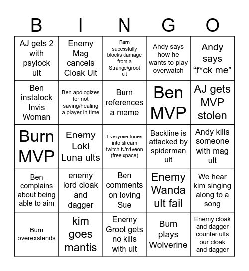 Marvel Rivals Bingo! Bingo Card